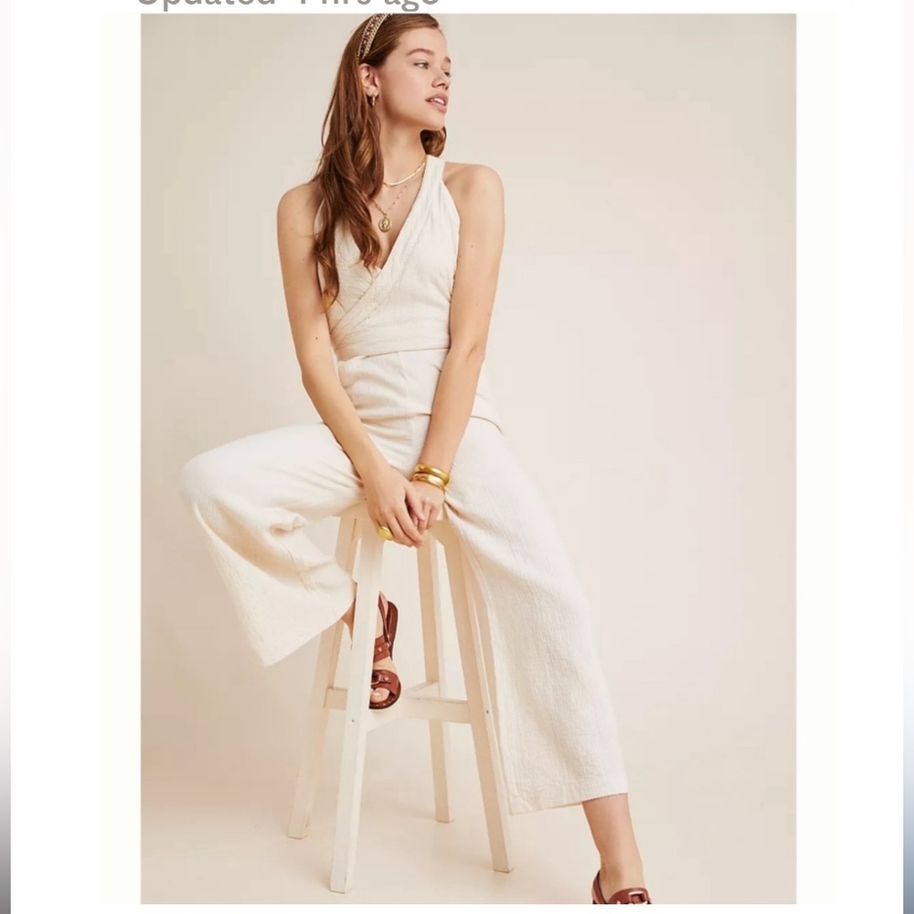 Anthropologie Demi Ivory Cream Textured Wide Leg Jumpsuit Size 2 Casual